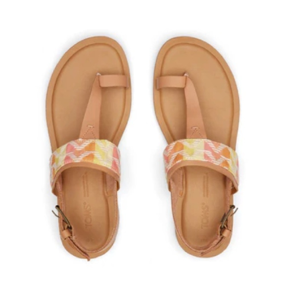 TOMS Bree Embroidered Leather Sandals 11 NWT Sling Back Chevron Tan Oran…